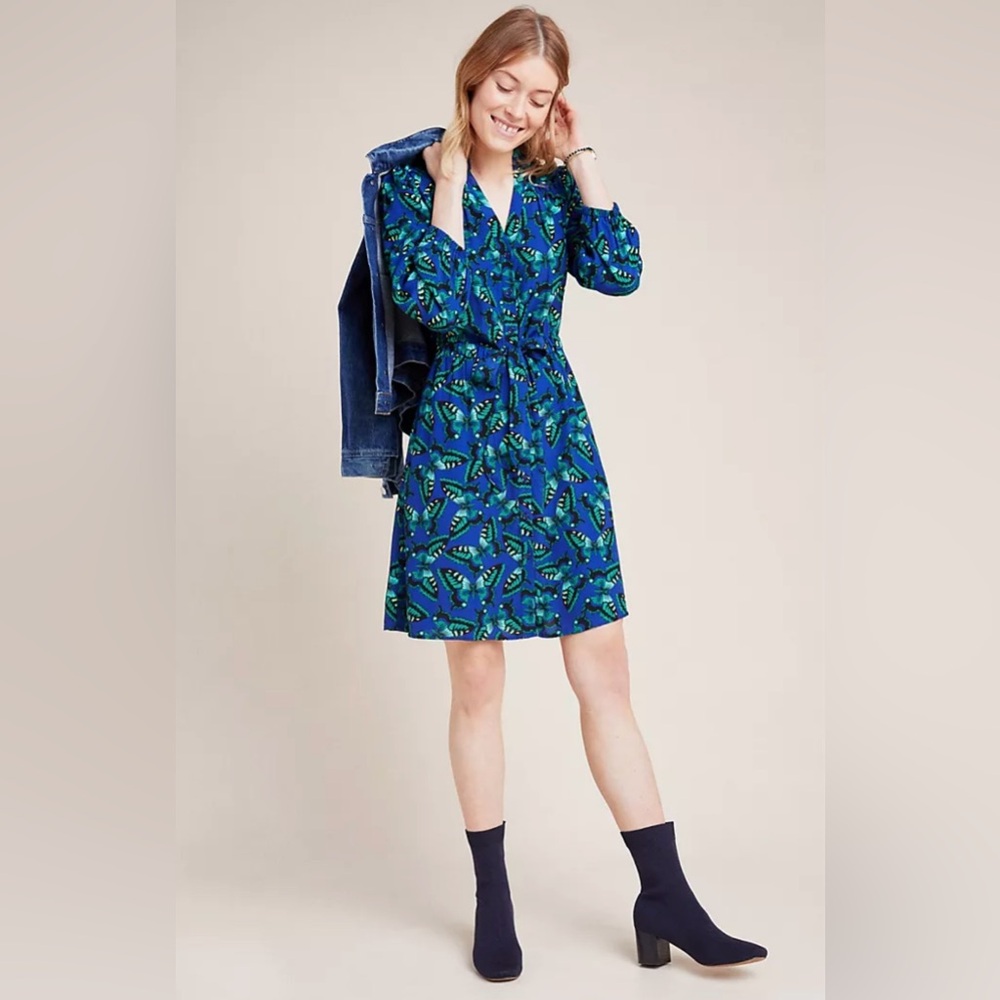 Maeve Pippa Butterfly Print Button Front Shirtdress Shirt Dress Pockets Size XSP